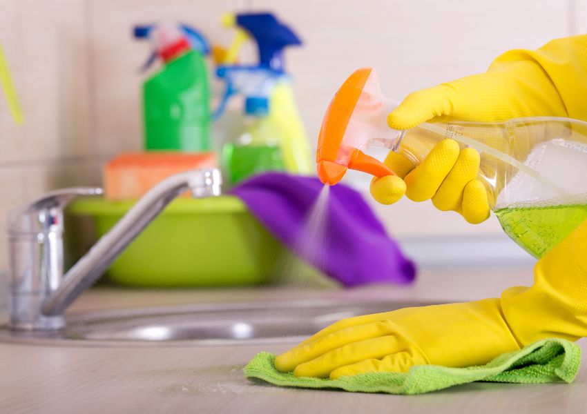 A property manager's hands, covered with yellow latex gloves, spray cleaning product on a kitchen sink while cleaning the counter around it.